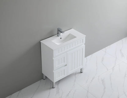 750mm Acacia Slim Floor Vanity PVC Left Side Drawers - Cabinet Only - Matte White