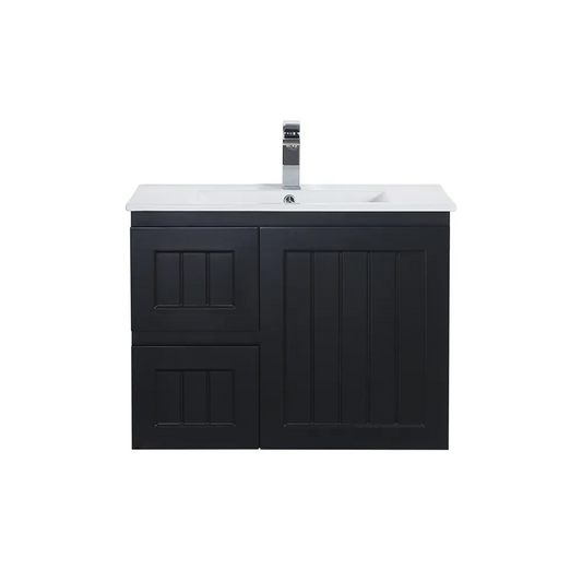 750mm Acacia Slim Wall Hung Vanity PVC Left Side Drawers - Cabinet Only - Matte Black