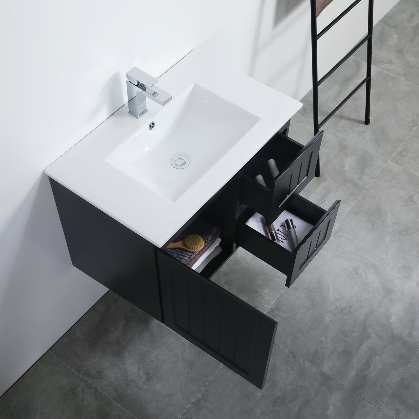 750mm Acacia Wall Hung Vanity PVC Right Side Drawers - Cabinet Only - Matte Black
