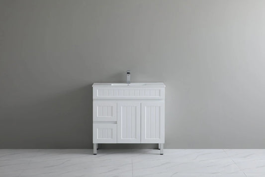 900mm Acacia Slim Floor Vanity PVC Left Side Drawers - Cabinet Only - Matte White