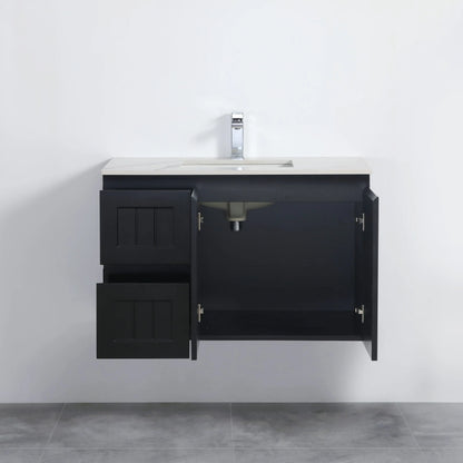 900mm Acacia Slim Wall Hung Vanity PVC Left Side Drawers - Cabinet Only - Matte Black