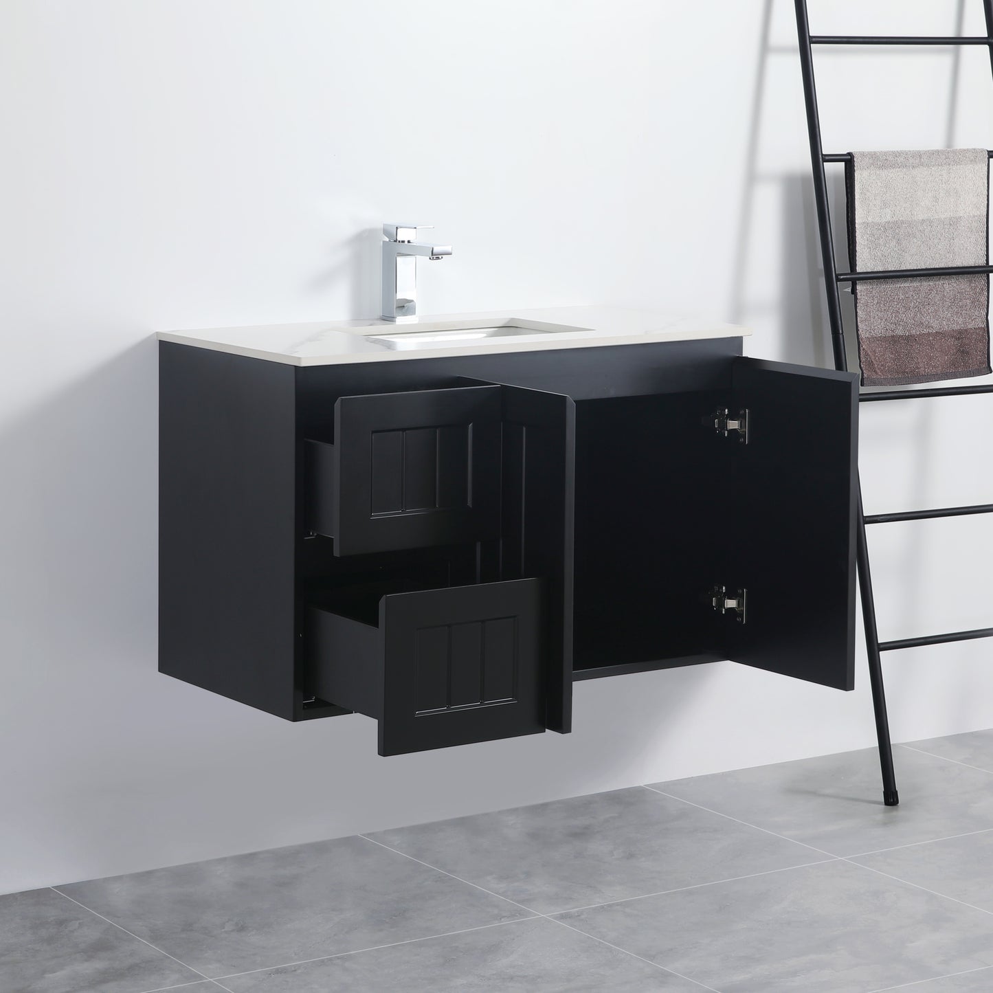 900mm Acacia Wall Hung Vanity PVC Left Side Drawers - Cabinet Only - Matte Black