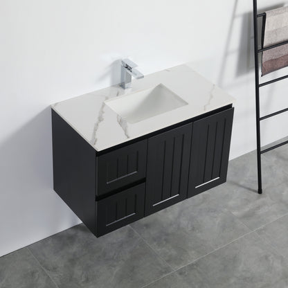 900mm Acacia Wall Hung Vanity PVC Left Side Drawers - Cabinet Only - Matte Black