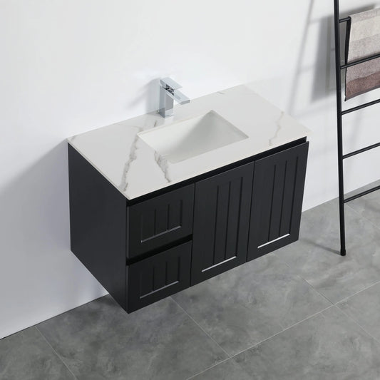 900mm Acacia Slim Wall Hung Vanity PVC Left Side Drawers - Cabinet Only - Matte Black