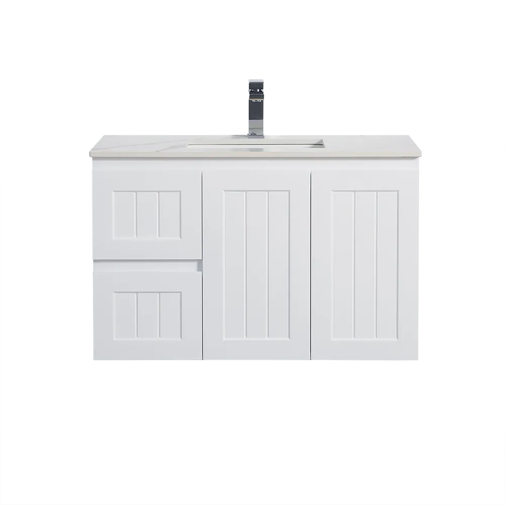 900mm Acacia Slim Wall Hung Vanity PVC Left Side Drawers - Cabinet Only - Matte White