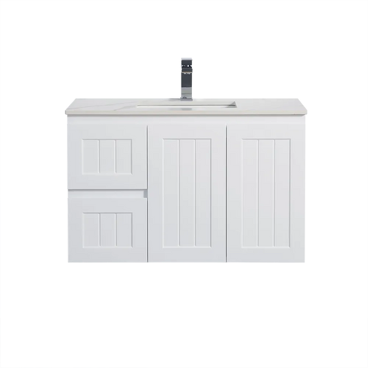 900mm Acacia Slim Wall Hung Vanity PVC Left Side Drawers - Cabinet Only - Matte White