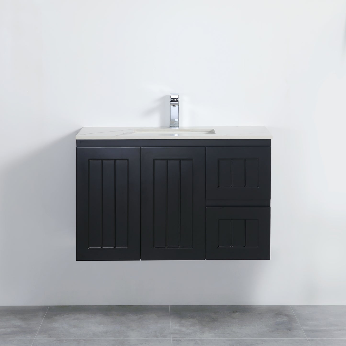 900mm Acacia Slim Wall Hung Vanity PVC Right Side Drawers - Cabinet Only - Matte Black