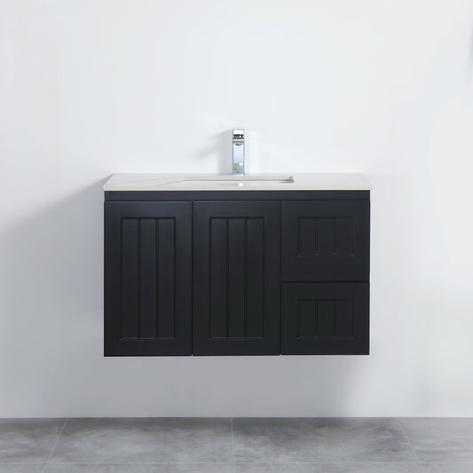 900mm Acacia Slim Wall Hung Vanity PVC Right Side Drawers - Cabinet Only - Matte Black
