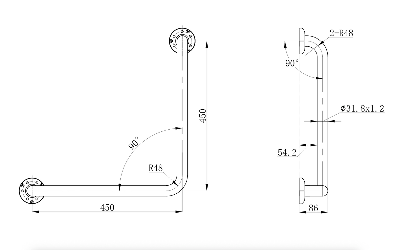 Amore Grab Rail 90 Degree 450 x 450mm Left or Right Hand - Brushed Nickel