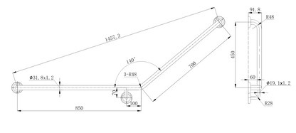 Amore Grab Rail 140 Degree 850 x 700mm Right Hand Angle - Brushed Nickel