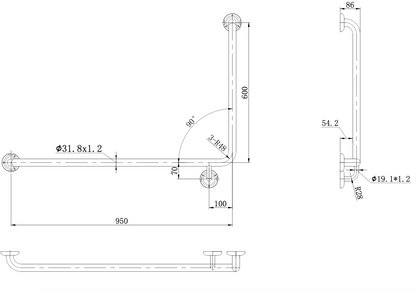 Amore Grab Rail 90 Degree 950 x 600mm Left Hand - Brushed Nickel