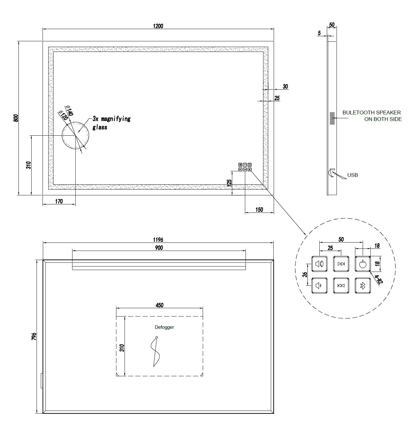 ART- Bluetooth LED Frameless Mirror with Magnifier   - 1200x800mm  **Discontinued/Clearance Stock No Exchange or Refund