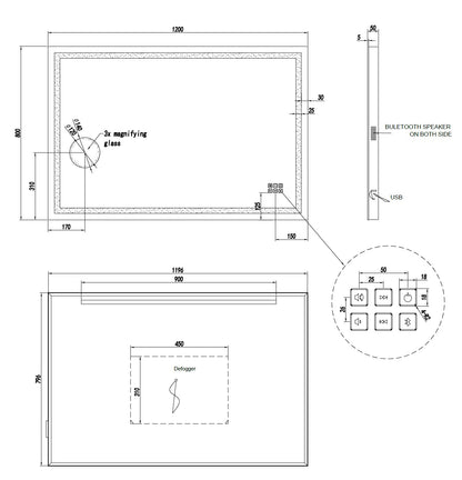 ART- Bluetooth LED Frameless Mirror with Magnifier   - 1200x800mm  **Discontinued/Clearance Stock No Exchange or Refund
