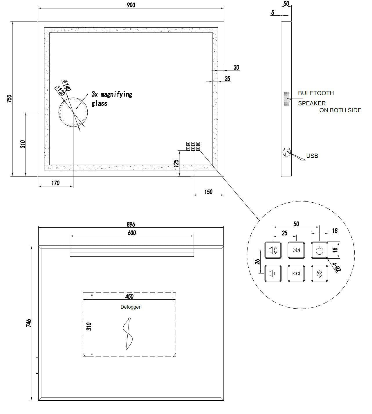 Bluetooth LED Frameless Mirror with Magnifier -   900x750mm **Discontinued/Clearance Stock No Exchange or Refund