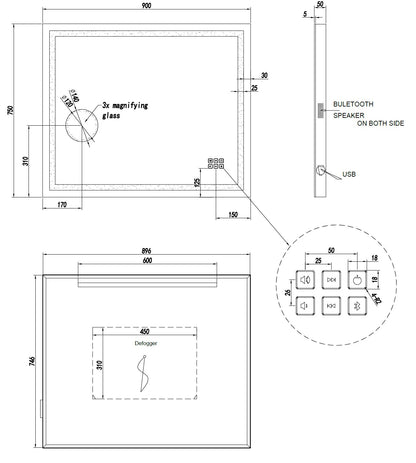 Bluetooth LED Frameless Mirror with Magnifier -   900x750mm **Discontinued/Clearance Stock No Exchange or Refund