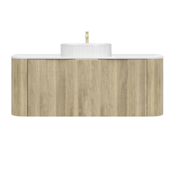 1200mm Artis Curved Wall Hung Vanity PVC - Single Drawer Cabinet Only - Single Bowl - Coastal Oak