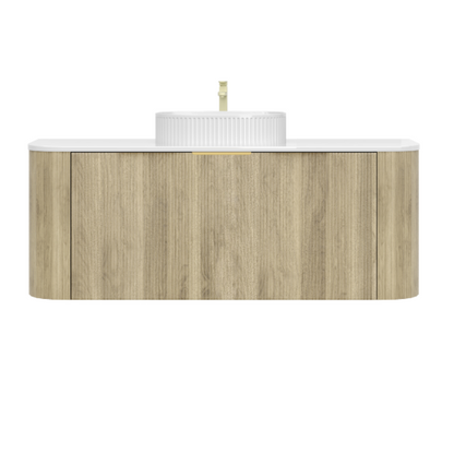 1200mm Artis Curved Wall Hung Vanity PVC - Single Drawer Cabinet Only - Single Bowl - Coastal Oak