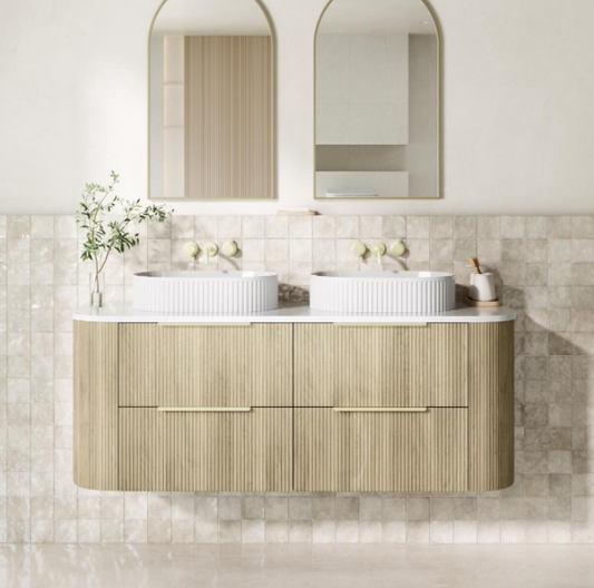1500mm Artis Curved Wall Hung Vanity PVC - Double Drawers Cabinet Only - Single Bowl - Coastal Oak