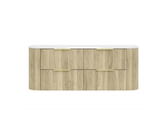1500mm Artis Curved Wall Hung Vanity PVC - Double Drawers Cabinet Only - Single Bowl - Coastal Oak