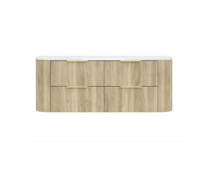 1500mm Artis Curved Wall Hung Vanity PVC - Double Drawers Cabinet Only - Single Bowl - Coastal Oak