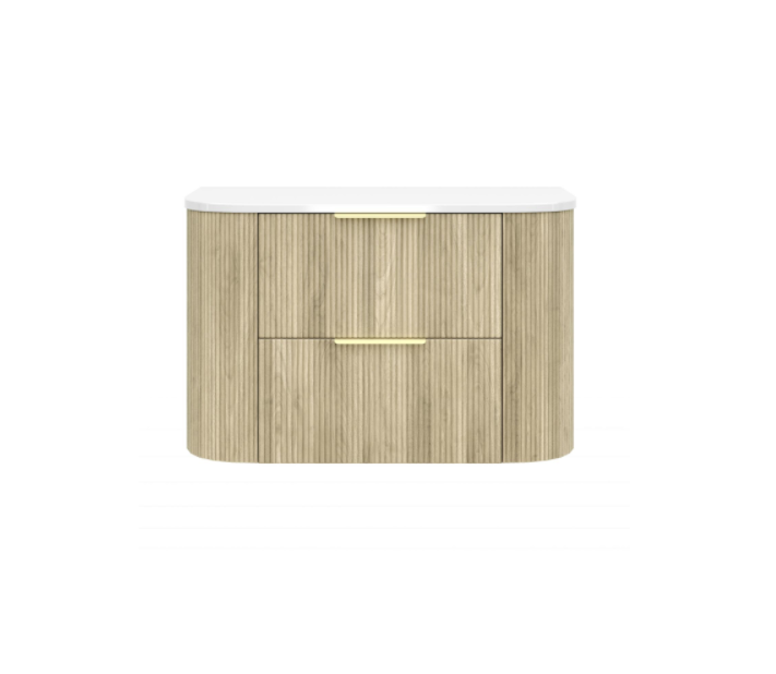 900mm Artis Curved Wall Hung Vanity PVC - Double Drawers Cabinet Only - Coastal Oak