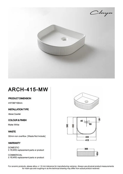415*365*100mm Matte White with Fluted Design Above Counter Basin