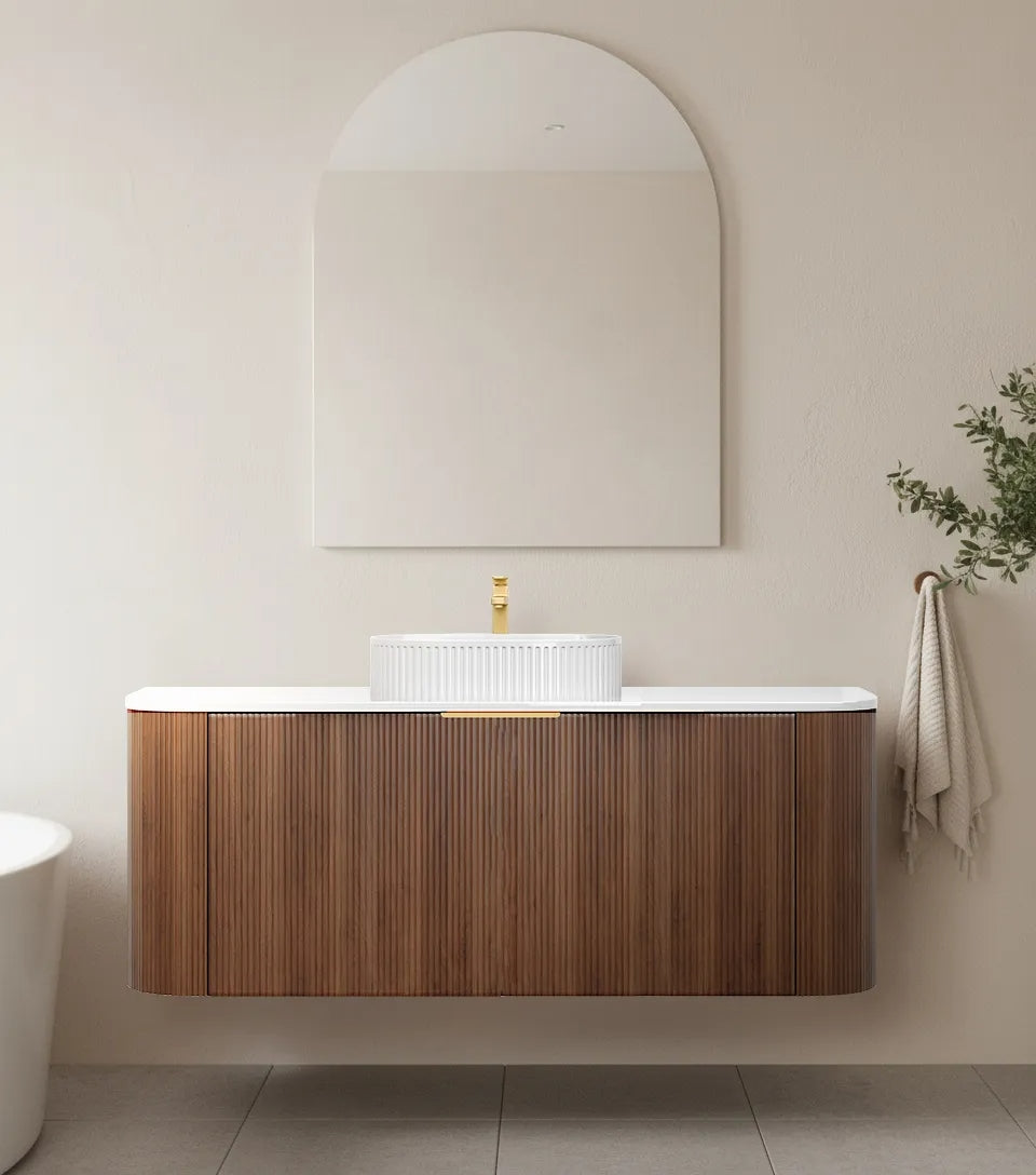 1500mm Artis Curved Wall Hung Vanity PVC - Big Drawer Cabinet Only - Single Bowl - Wallnut