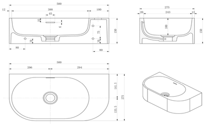 Elysia - Wall Hung - RH - 500 x 275 x 150 - Pilos