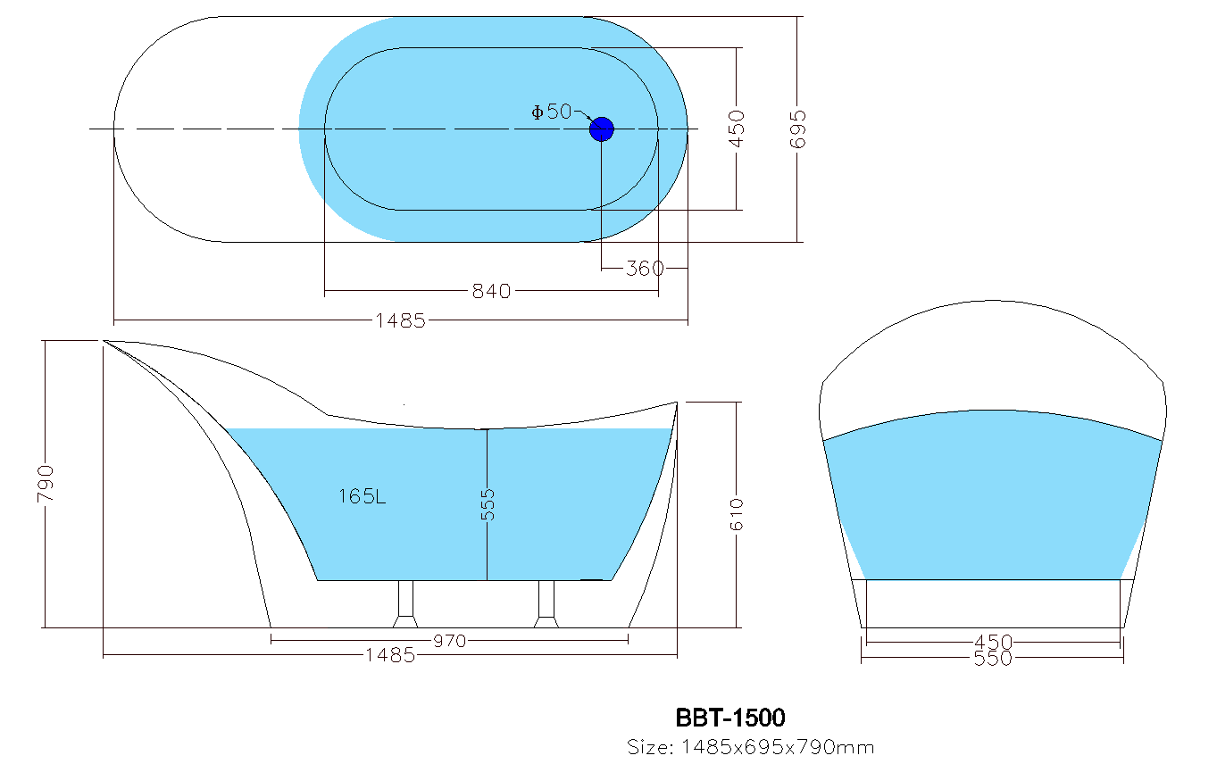 Bevel Bathtub White Gloss Acrylic 1480*695*790 mm