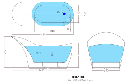 Bevel Bathtub White Gloss Acrylic 1480*695*790 mm