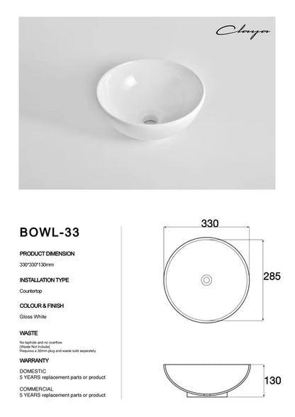 330*330*130mm Gloss White Above Counter Basin