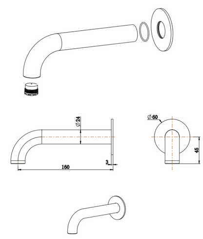 Mica Bath Spout - Curved - 160mm - BLACK