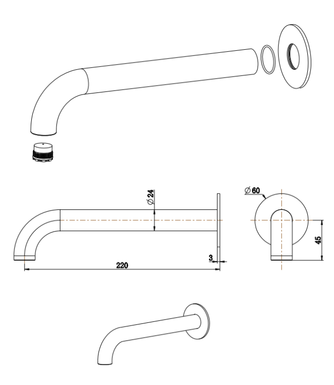 Mica Bath Spout - Curved - 220mm - GUN METAL