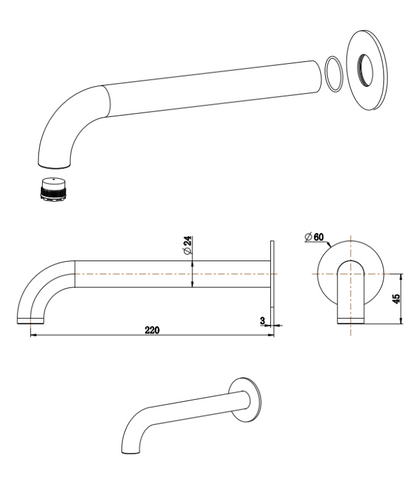 Mica Bath Spout - Curved - 220mm - CHROME