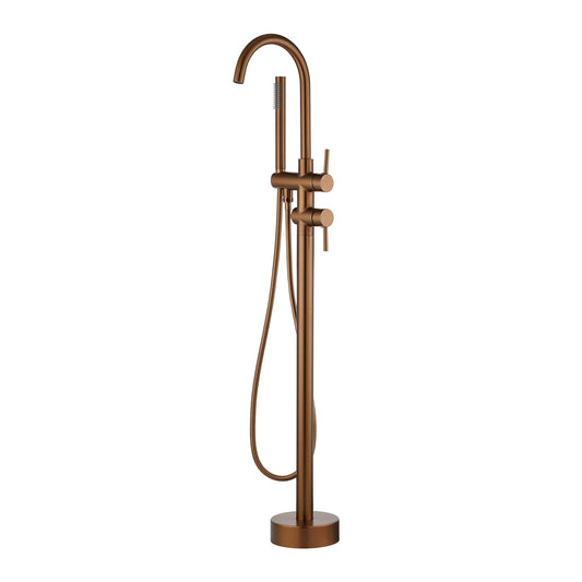 Round Brushed Copper Freestanding Bath Mixer With Handheld Shower
