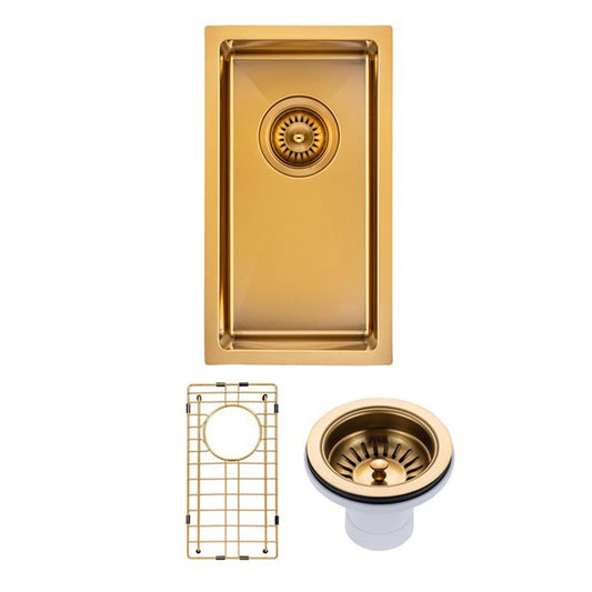 (C-250 Gold)Round Corner Stainless Steel Brushed Brass PVD Coating Single Bowl Kitchen Sink(with Bottom Grid) 250*450*215mm