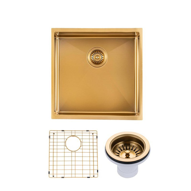 (C-440 Gold)Round Corner Stainless Steel Brushed Brass PVD Coating Single Bowl Kitchen Sink(with Bottom Grid) 440*440*205mm