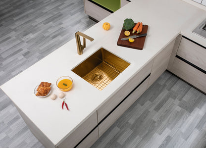 (C-500 Gold)Round Corner Stainless Steel Brushed Brass PVD Coating Single Bowl Kitchen Sink(with Bottom Grid) 500*440*230mm
