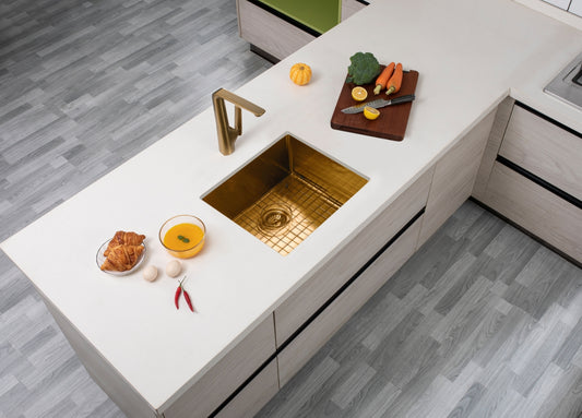 (C-500 Gold)Round Corner Stainless Steel Brushed Brass PVD Coating Single Bowl Kitchen Sink(with Bottom Grid) 500*440*230mm