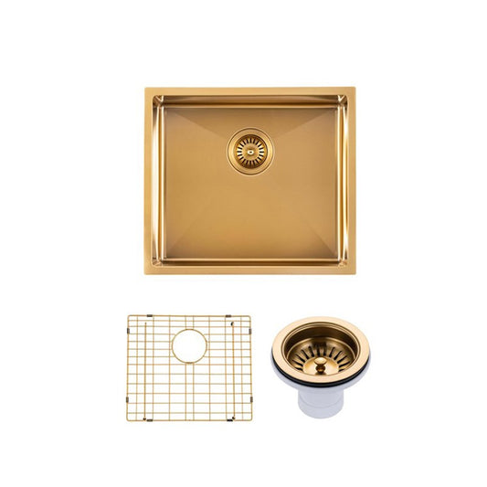 (C-510 Gold)Round Corner Stainless Steel Brushed Brass PVD Coating Single Bowl Kitchen Sink(with Bottom Grid) 510*450*230mm