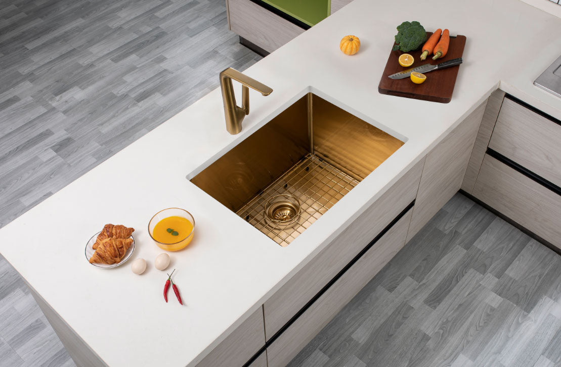 (C-600D Gold)Round Corner Stainless Steel Brushed Brass PVD Coating Single Bowl Kitchen Sink(with Bottom Grid) 600*450*300mm