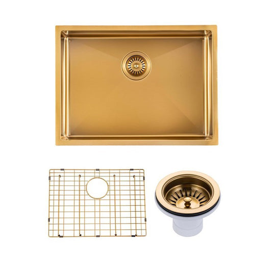 (C-600D Gold)Round Corner Stainless Steel Brushed Brass PVD Coating Single Bowl Kitchen Sink(with Bottom Grid) 600*450*300mm