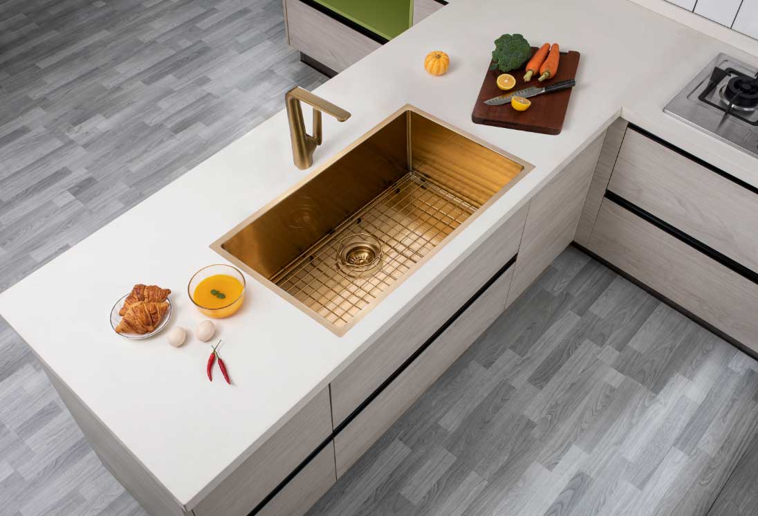 (C-762 Gold)Round Corner Stainless Steel Brushed Brass PVD Coating Single Bowl Kitchen Sink(with Bottom Grid) 762*457*254mm