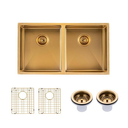 (C-770 Gold)Round Corner Stainless Steel Brushed Brass PVD Coating Double Bowl Kitchen Sink(with Bottom Grid) 770*450*215mm