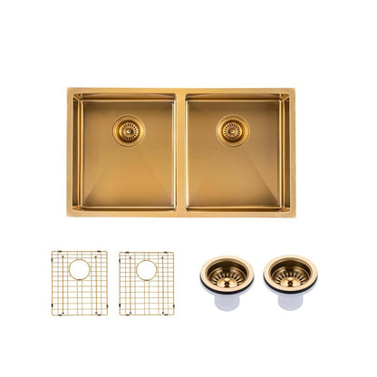 (C-820 Gold)Round Corner Stainless Steel Brushed Brass PVD Coating Double Bowl Kitchen Sink(with Bottom Grid) 820*457*230mm