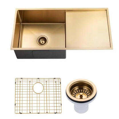 (C-960 Gold)Round Corner Stainless Steel Brushed Brass PVD Coating Single Bowl with Drain Board Kitchen Sink(with Bottom Grid) 960*450*230mm