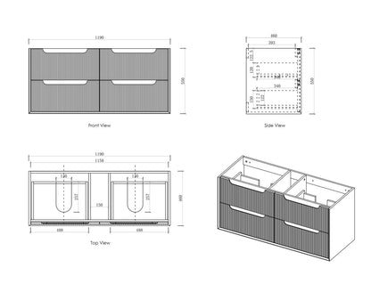 Byron Fluted 1200mm Woodland Oak Four Drawers Wall Hung Vanity - Cabinet Only with Leg