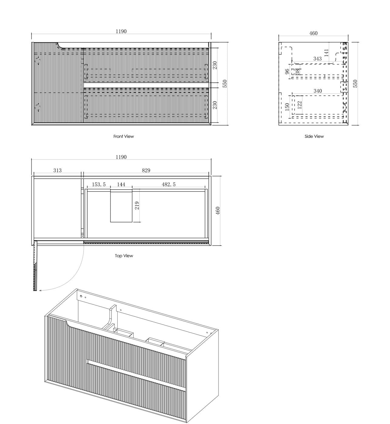 Byron Fluted 1200mm Woodland Oak Wall Hung Vanity - Cabinet Only with Leg