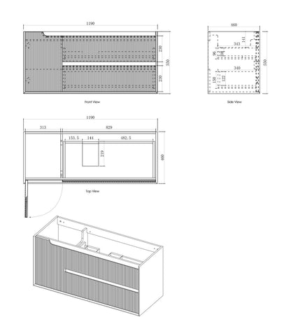 Byron Fluted 1200mm Woodland Oak Wall Hung Vanity - Cabinet Only with Leg