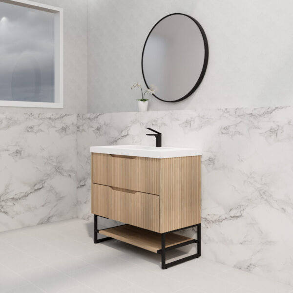 Bali Wall Hung Bathroom FS Vanity American Oak Linear Fluted Cabinet